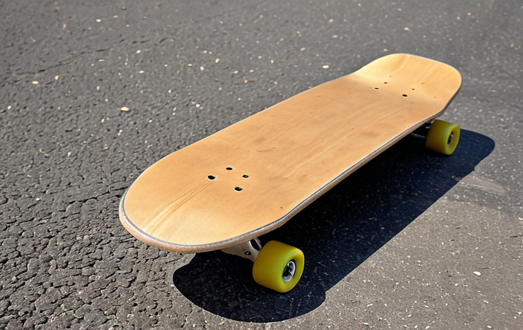 ** A classic Canadian maple skateboard deck, slightly worn with use, leaning against a textured asphalt surface. Focus on the wood grain and the details of the deck's shape. The background should be blurred but suggest an urban environment like a skate park in Milan (Parco Lambro or similar). Emphasize the warm, natural feel of the wood.
**