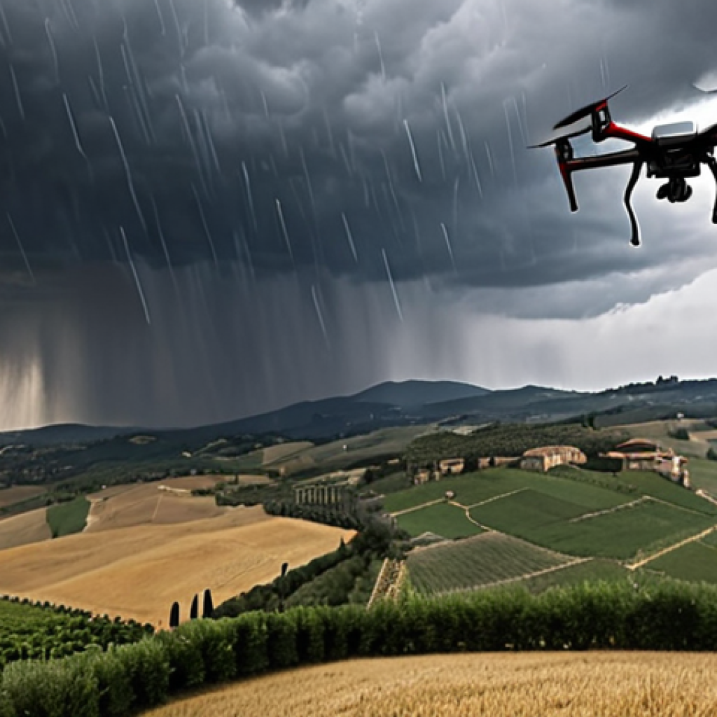 **A sporty drone soaring over the Tuscan countryside during a race, with a sudden rainstorm approaching in the distance. The drone is struggling against strong winds, illustrating the impact of weather conditions on flight distance.**