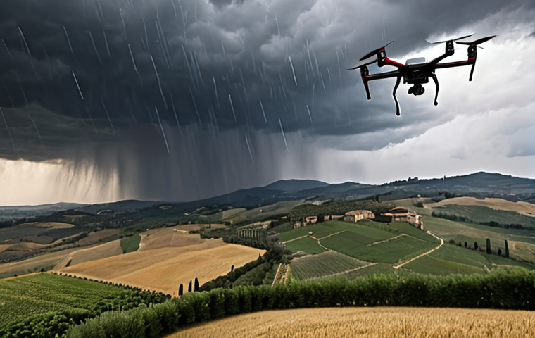 **A sporty drone soaring over the Tuscan countryside during a race, with a sudden rainstorm approaching in the distance. The drone is struggling against strong winds, illustrating the impact of weather conditions on flight distance.**