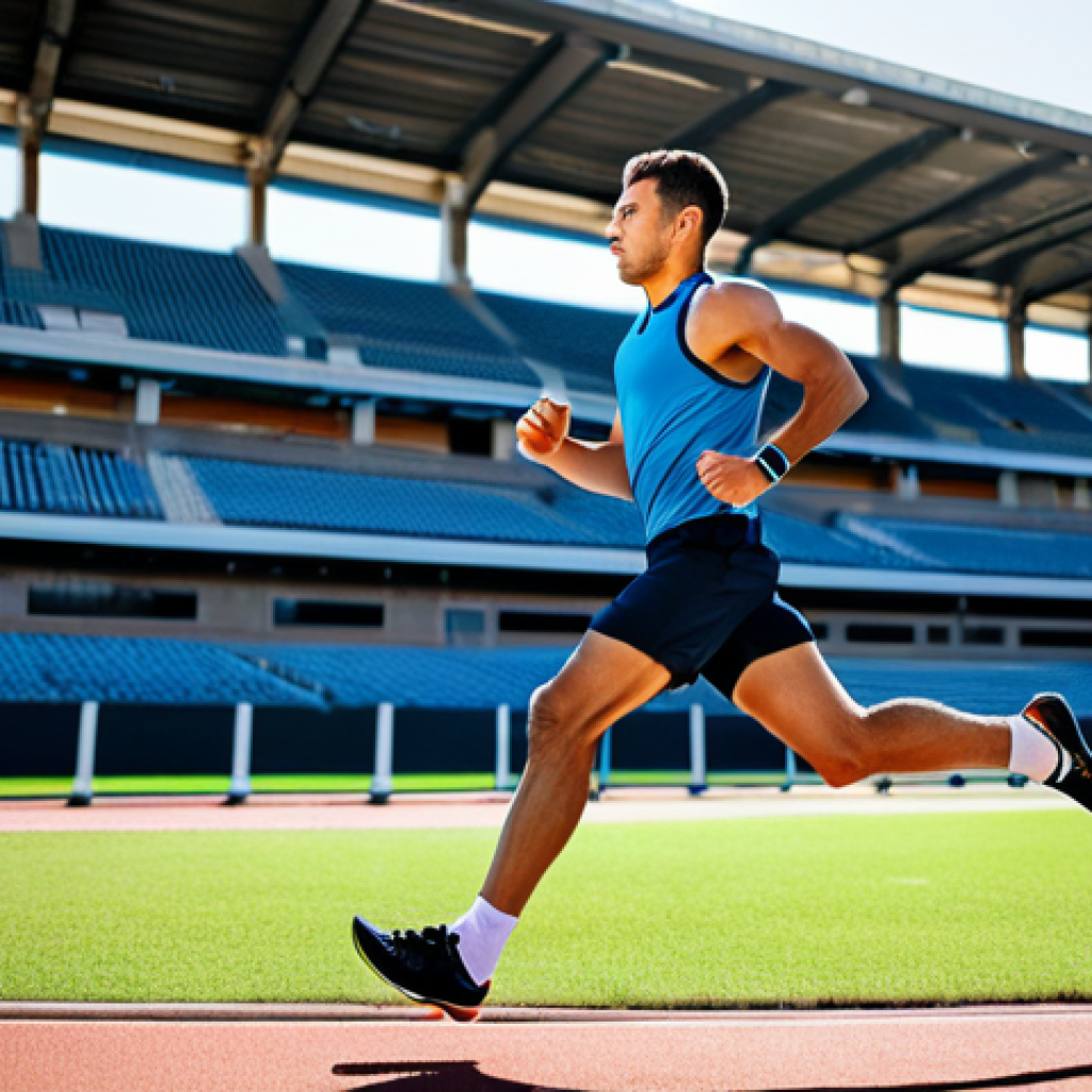 A focused male athlete, mid-stride, in modern, fully clothed, modest athletic wear, running on a pristine outdoor track. He is glancing at his professional-grade GPS smartwatch on his wrist, which displays advanced performance metrics like running power and heart rate variability. The background features a blurred, vibrant sports stadium with soft morning light. The image emphasizes data-driven training and personal improvement. safe for work, appropriate content, fully clothed, family-friendly, perfect anatomy, correct proportions, natural pose, well-formed hands, proper finger count, natural body proportions, professional photography, high quality.