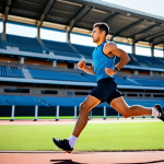 A focused male athlete, mid-stride, in modern, fully clothed, modest athletic wear, running on a pristine outdoor track. He is glancing at his professional-grade GPS smartwatch on his wrist, which displays advanced performance metrics like running power and heart rate variability. The background features a blurred, vibrant sports stadium with soft morning light. The image emphasizes data-driven training and personal improvement. safe for work, appropriate content, fully clothed, family-friendly, perfect anatomy, correct proportions, natural pose, well-formed hands, proper finger count, natural body proportions, professional photography, high quality.