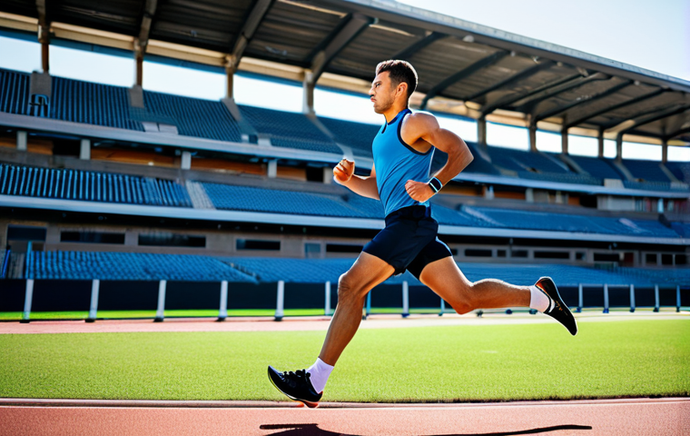 A focused male athlete, mid-stride, in modern, fully clothed, modest athletic wear, running on a pristine outdoor track. He is glancing at his professional-grade GPS smartwatch on his wrist, which displays advanced performance metrics like running power and heart rate variability. The background features a blurred, vibrant sports stadium with soft morning light. The image emphasizes data-driven training and personal improvement. safe for work, appropriate content, fully clothed, family-friendly, perfect anatomy, correct proportions, natural pose, well-formed hands, proper finger count, natural body proportions, professional photography, high quality.