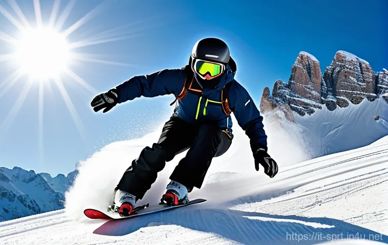 겨울철 동계 스포츠 안전장비 - **Prompt:** A dynamic, mid-shot of a male or female adult snowboarder, actively carving down a prist...