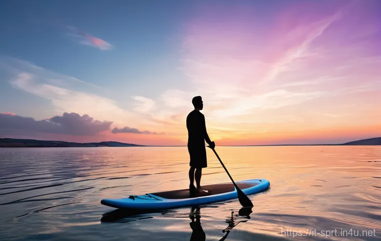 해상 스포츠용 방수 백팩 - **Tranquil Stand-Up Paddleboarding in Salento, Italy, with Dry Bag**
    A serene, medium shot of a ...
