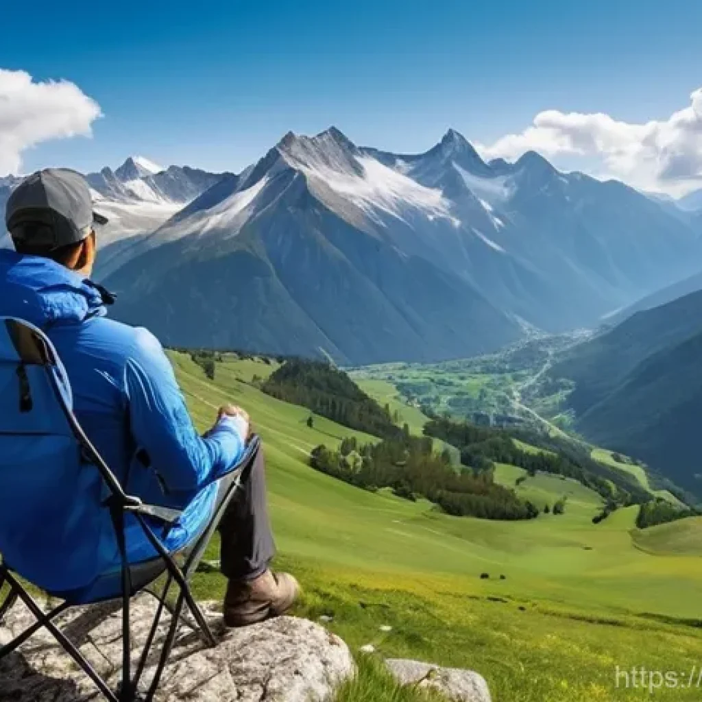 캠핑의자 소재별 장단점 - **Prompt 1: Serene Alpine Vista with Ultralight Camping Chair**
A lone person, of indeterminate ...