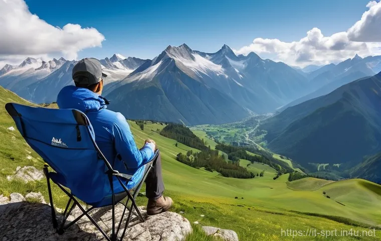 캠핑의자 소재별 장단점 - **Prompt 1: Serene Alpine Vista with Ultralight Camping Chair**
A lone person, of indeterminate ...