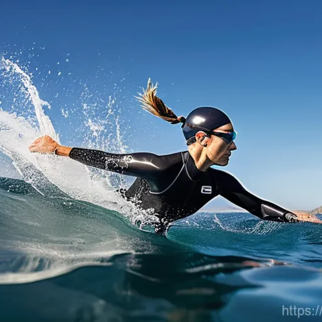 트라이애슬론 전용 슈트 리뷰 - A powerful female triathlete, mid-swim in crystal-clear open ocean water, wearing a sleek, dark full...