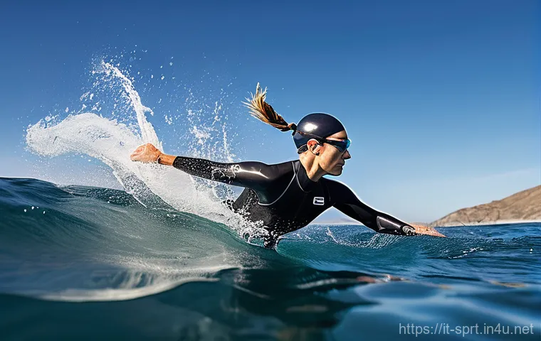 트라이애슬론 전용 슈트 리뷰 - A powerful female triathlete, mid-swim in crystal-clear open ocean water, wearing a sleek, dark full...