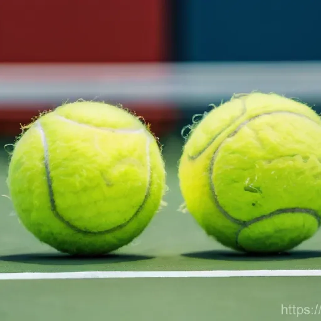 테니스 공 재질별 차이 - **Prompt:** "A highly detailed, realistic side-by-side comparison of two tennis balls. On the left, ...