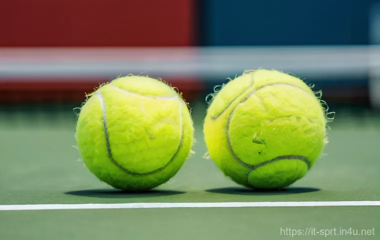 테니스 공 재질별 차이 - **Prompt:** "A highly detailed, realistic side-by-side comparison of two tennis balls. On the left, ...