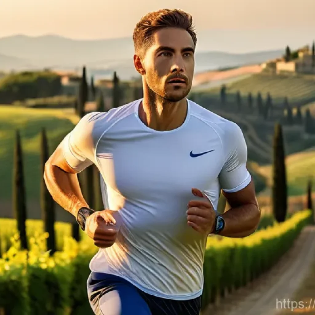 야외 체육활동용 러닝 타이츠 - **Prompt 1: Dynamic Performance in Tuscan Hills**
    "A fit male runner, mid-stride, showcasing pow...