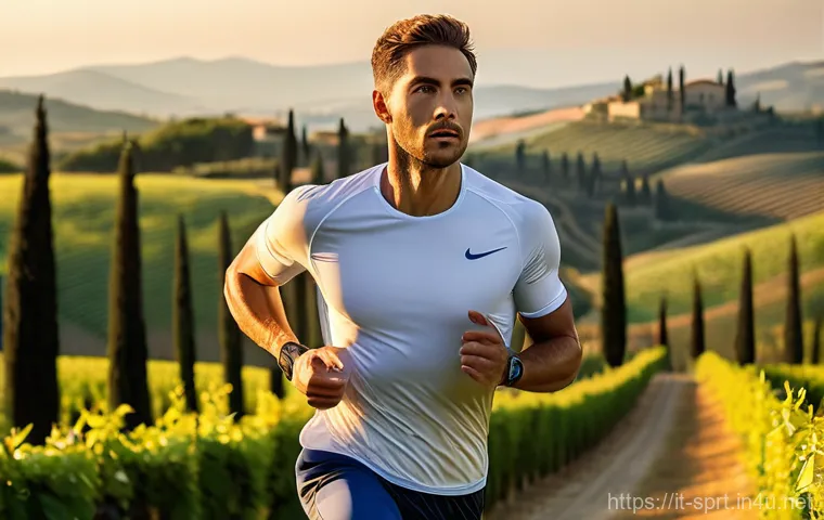 야외 체육활동용 러닝 타이츠 - **Prompt 1: Dynamic Performance in Tuscan Hills**
"A fit male runner, mid-stride, showcasing pow...