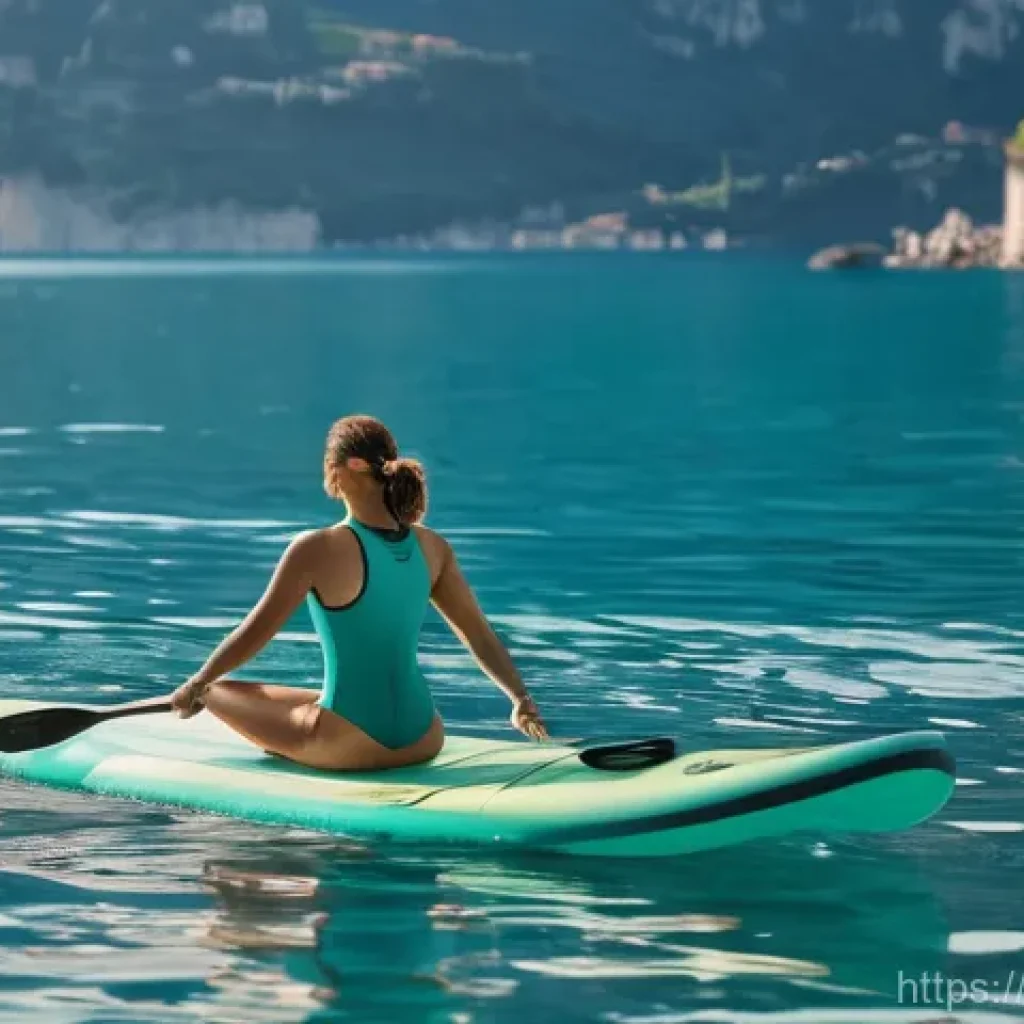 패들보드 서프보드 차이 - A serene and picturesque scene on an Italian lake, resembling Lago di Garda, under a clear blue sky....