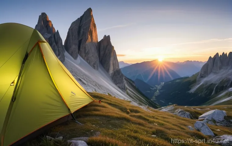 미니멀 캠핑 장비 리스트 - Serene Dolomite Sunrise Camp**
An adventurous solo hiker, gender-neutral, stands peacefully outside...