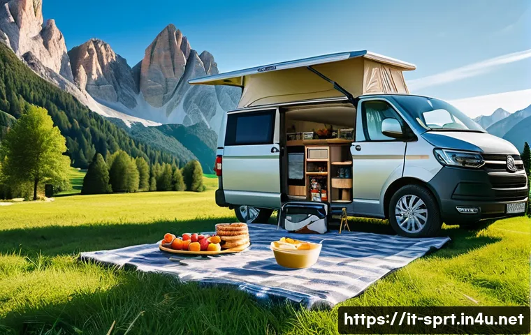 캠핑용 냉장고 전력 소비 비교 - **Prompt:** A picturesque family camping scene set in the stunning Dolomite mountains of Italy. The ...