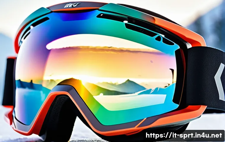 겨울 스포츠 고글 비교 - A detailed close-up of a pair of high-performance ski goggles with dual photochromic lenses showing ...