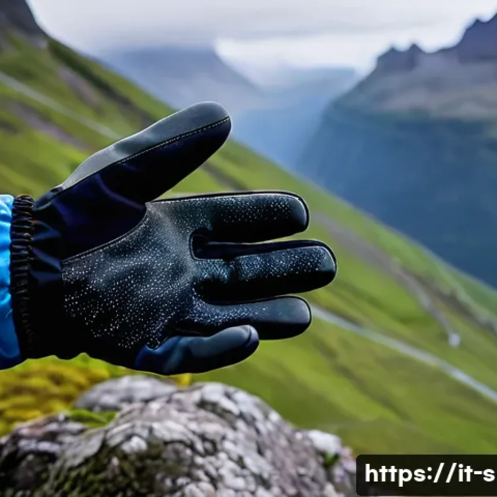 트레킹용 장갑 방수성 테스트 - A detailed close-up of high-performance waterproof trekking gloves made from Gore-Tex fabric, showca...