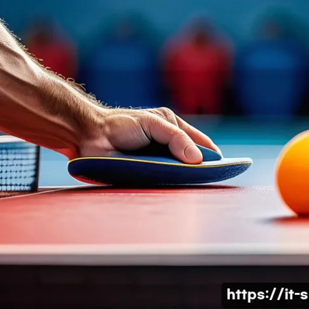 탁구 라켓 그립 비교 - A detailed close-up image of a European male hand holding a ping pong paddle with a shakehand grip, ...