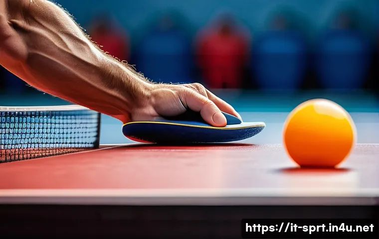 탁구 라켓 그립 비교 - A detailed close-up image of a European male hand holding a ping pong paddle with a shakehand grip, ...