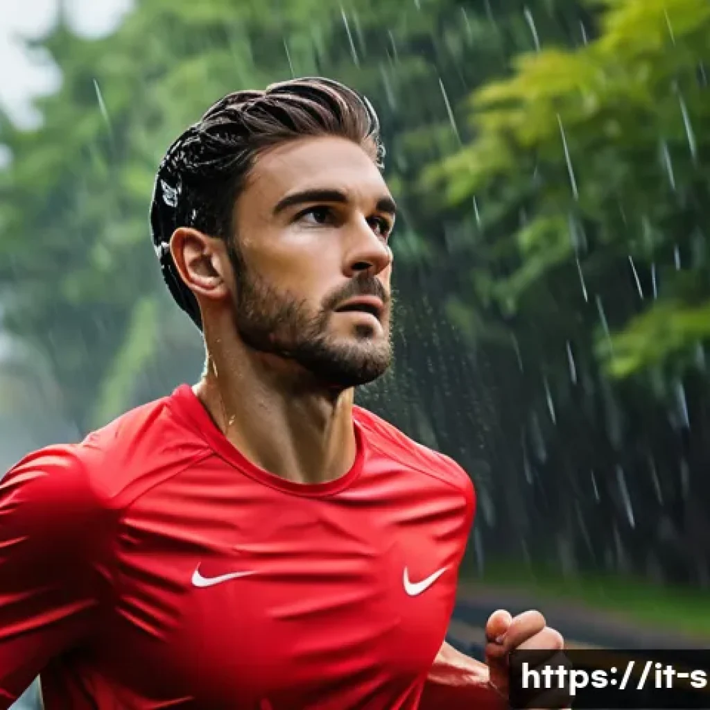 최신 스포츠 이어폰 출시 소식 - A dynamic scene of a professional athlete running outdoors under heavy rain, wearing advanced IPX7 c...