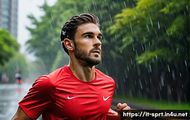 최신 스포츠 이어폰 출시 소식 - A dynamic scene of a professional athlete running outdoors under heavy rain, wearing advanced IPX7 c...
