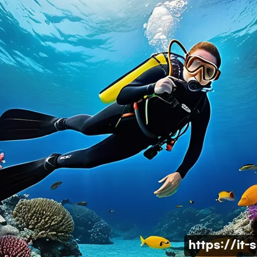 가성비 좋은 다이빙용 핀 - A detailed underwater scene showing a recreational diver wearing lightweight, flexible fins with sof...