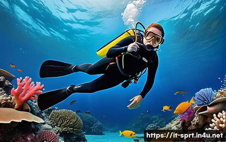 가성비 좋은 다이빙용 핀 - A detailed underwater scene showing a recreational diver wearing lightweight, flexible fins with sof...
