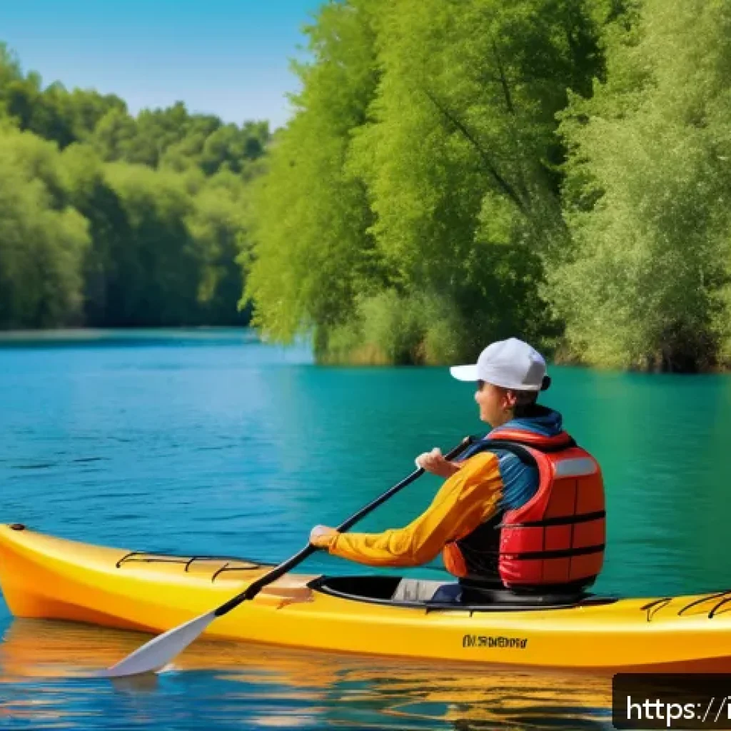 카약 종류와 추천 모델 - A serene lakeside scene featuring a beginner paddler in a bright sit-on-top kayak with a flat hull, ...