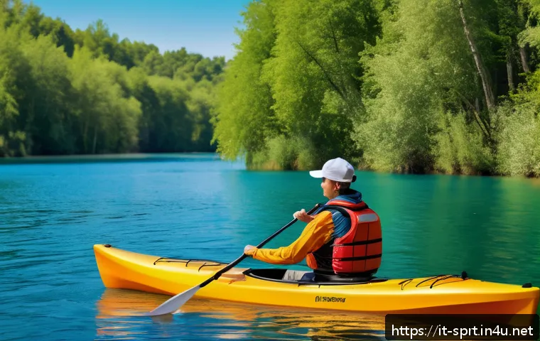 카약 종류와 추천 모델 - A serene lakeside scene featuring a beginner paddler in a bright sit-on-top kayak with a flat hull, ...