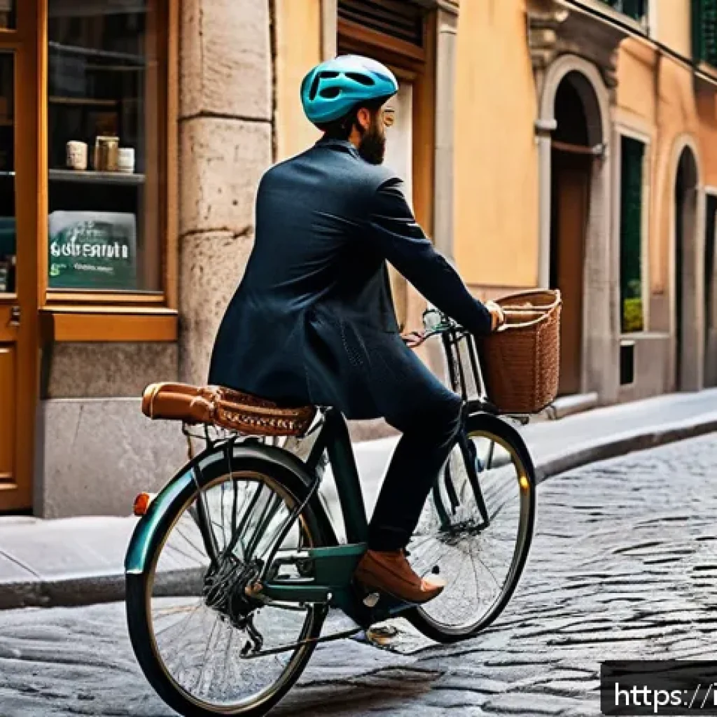 산악 바이크와 도심 자전거 차이 - A stylish urban commuter bicycle scene in a bustling Italian city street during daytime. The bike fe...