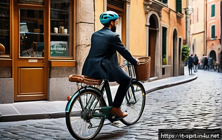 산악 바이크와 도심 자전거 차이 - A stylish urban commuter bicycle scene in a bustling Italian city street during daytime. The bike fe...