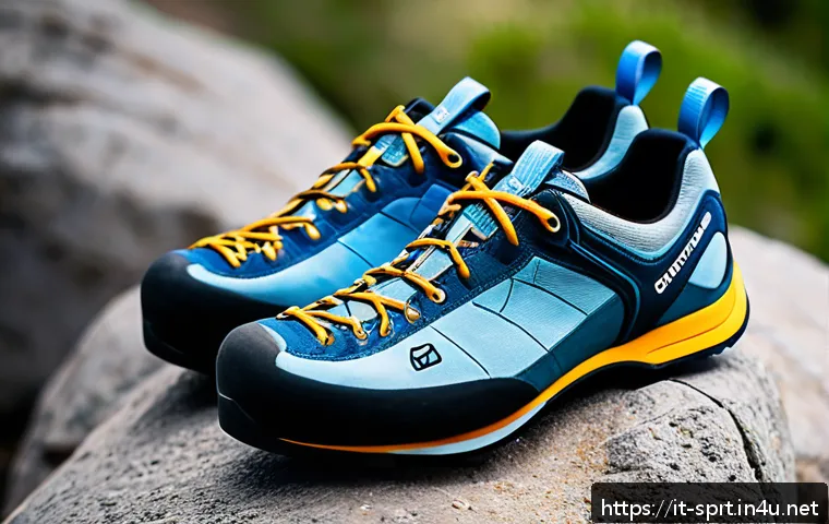 암벽등반화 선택 가이드 - A detailed close-up image of three types of climbing shoes—neutral, moderate, and aggressive—arrange...