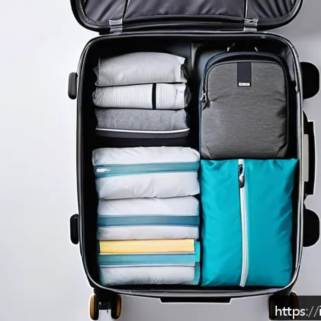 여행용 압축팩 사용법 - A well-organized travel suitcase featuring vacuum-sealed bags of various sizes neatly packed inside ...