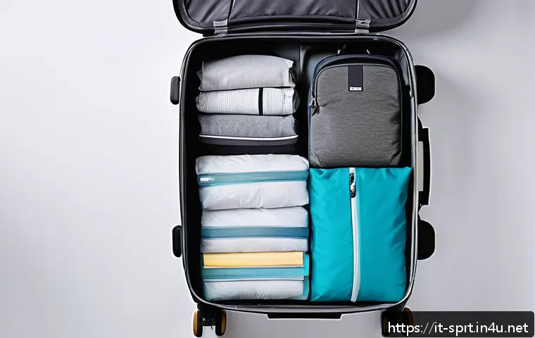 여행용 압축팩 사용법 - A well-organized travel suitcase featuring vacuum-sealed bags of various sizes neatly packed inside ...