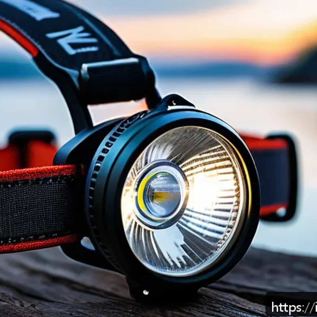 낚시용 헤드램프 밝기 비교 - A detailed close-up of a high-quality fishing headlamp designed for night fishing, featuring an alum...
