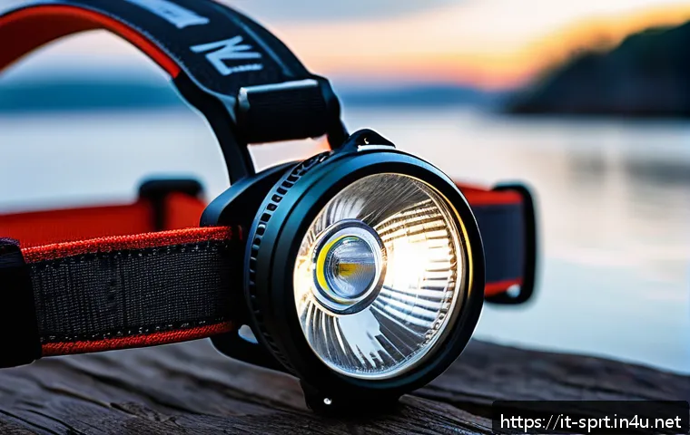 낚시용 헤드램프 밝기 비교 - A detailed close-up of a high-quality fishing headlamp designed for night fishing, featuring an alum...