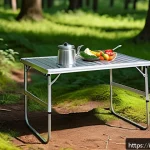 휴대용 접이식 캠핑 테이블 - A lightweight, anodized aluminum camping table set up outdoors on uneven forest ground during a sunn...