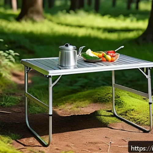 휴대용 접이식 캠핑 테이블 - A lightweight, anodized aluminum camping table set up outdoors on uneven forest ground during a sunn...