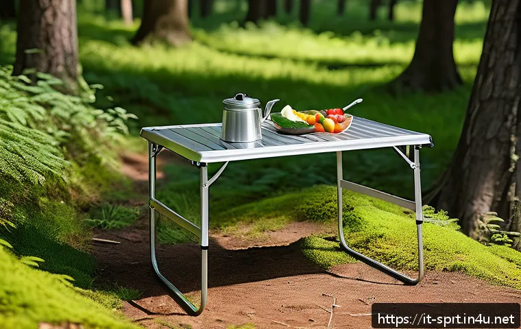 휴대용 접이식 캠핑 테이블 - A lightweight, anodized aluminum camping table set up outdoors on uneven forest ground during a sunn...