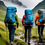 가성비 좋은 트레킹 자켓 - A group of hikers trekking in the Italian Alps during a light rain shower, wearing modern, affordabl...