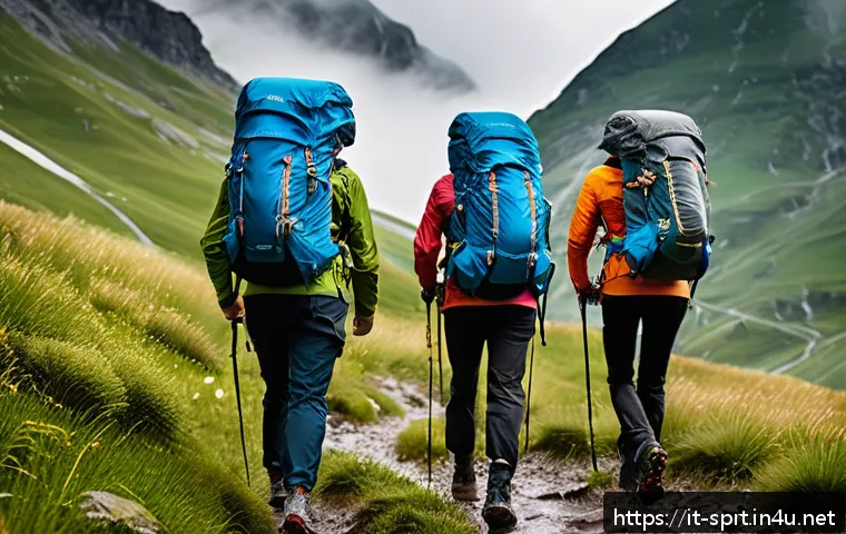 가성비 좋은 트레킹 자켓 - A group of hikers trekking in the Italian Alps during a light rain shower, wearing modern, affordabl...