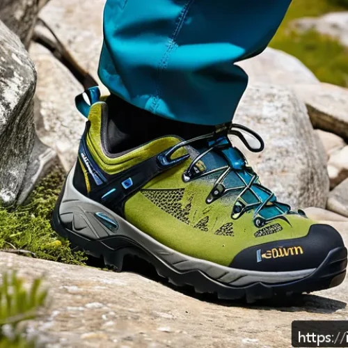 가벼운 등산화 추천 - A detailed close-up of lightweight trekking shoes designed for summer hiking in the Italian Alps, fe...
