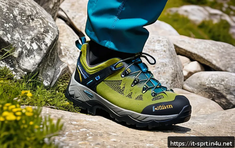 가벼운 등산화 추천 - A detailed close-up of lightweight trekking shoes designed for summer hiking in the Italian Alps, fe...