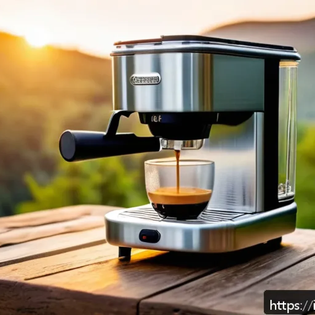 휴대용 커피메이커 캠핑용 - A compact, rugged portable coffee maker designed for camping, made of brushed stainless steel with e...