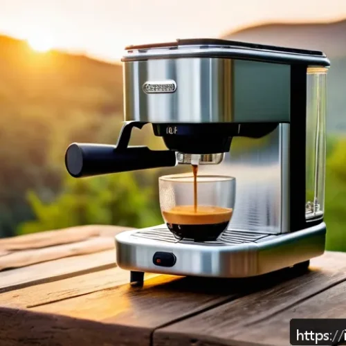 휴대용 커피메이커 캠핑용 - A compact, rugged portable coffee maker designed for camping, made of brushed stainless steel with e...