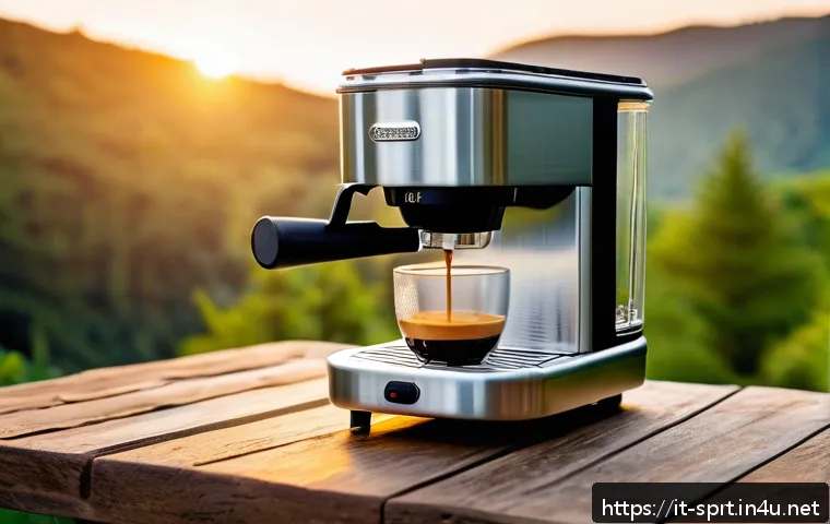 휴대용 커피메이커 캠핑용 - A compact, rugged portable coffee maker designed for camping, made of brushed stainless steel with e...