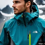 전천후 하이킹 자켓 리뷰 - A detailed image of a hiker wearing a modern Gore-Tex jacket in a rainy mountain environment, showca...