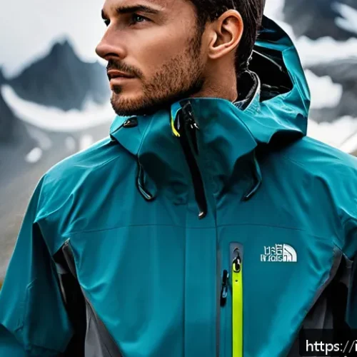 전천후 하이킹 자켓 리뷰 - A detailed image of a hiker wearing a modern Gore-Tex jacket in a rainy mountain environment, showca...