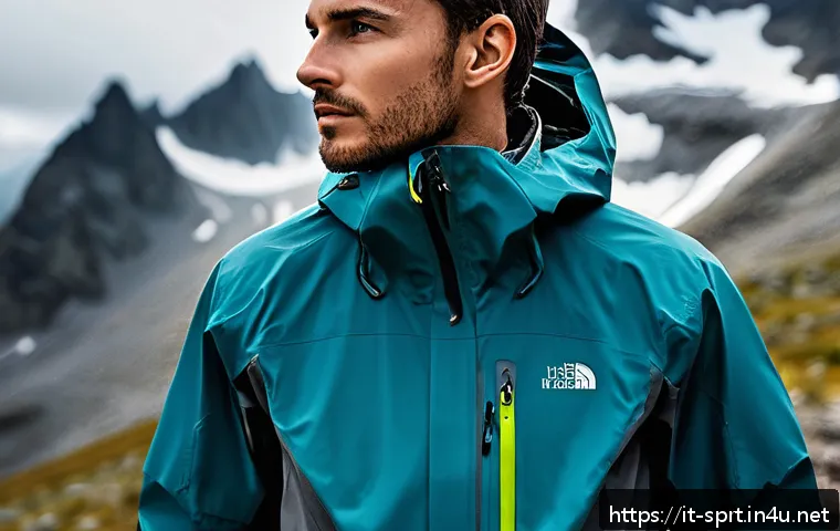 전천후 하이킹 자켓 리뷰 - A detailed image of a hiker wearing a modern Gore-Tex jacket in a rainy mountain environment, showca...