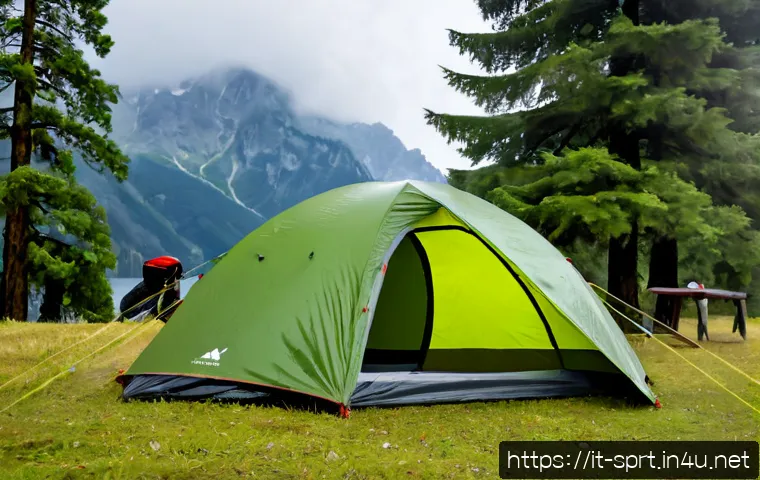 Home 17 아웃도어 텐트 방수 테스트 - Photorealistic outdoor tent waterproof test in a lush Italian Alpine campsite, a sturdy modern dome ...